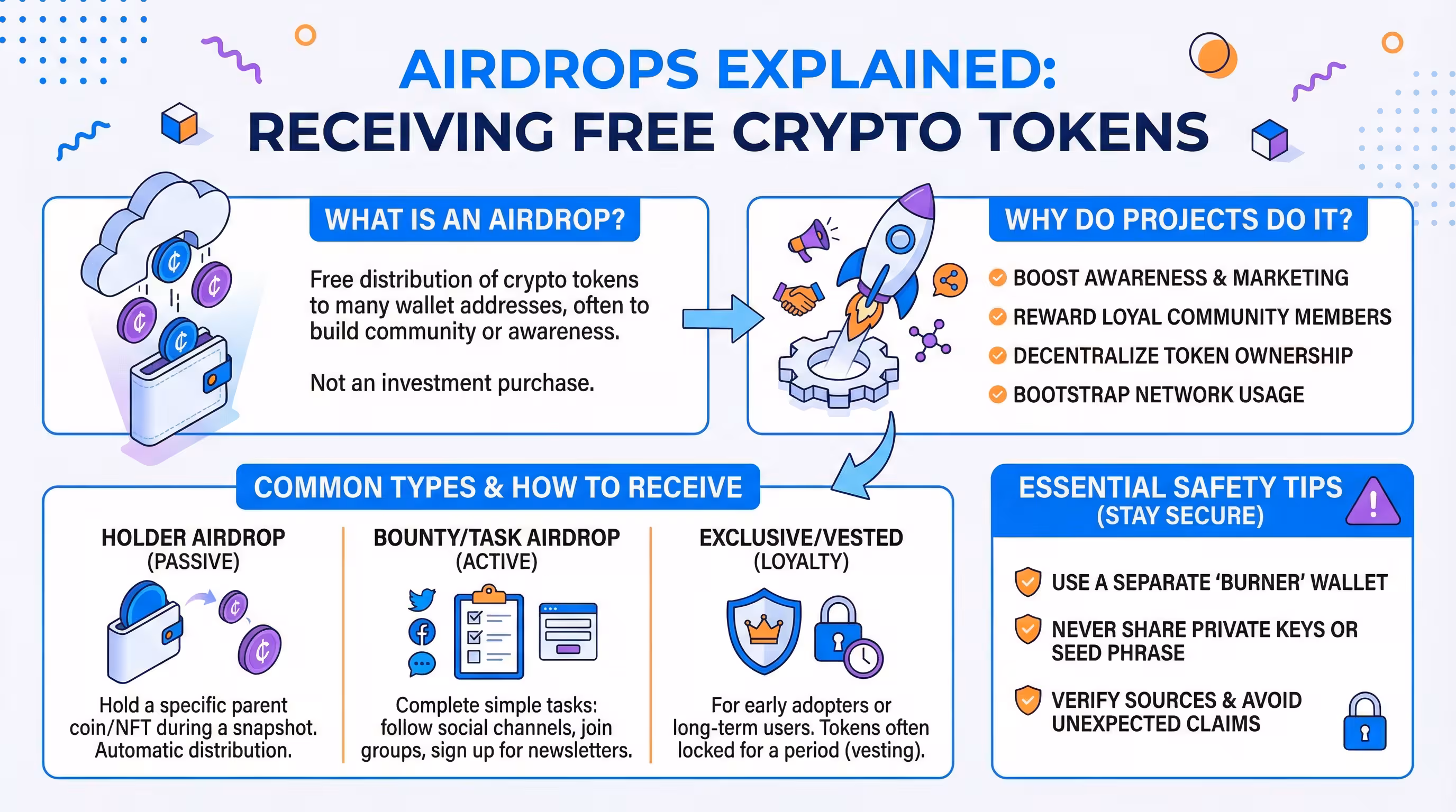 Infographic guide to crypto airdrops: types, eligibility, and safety tips