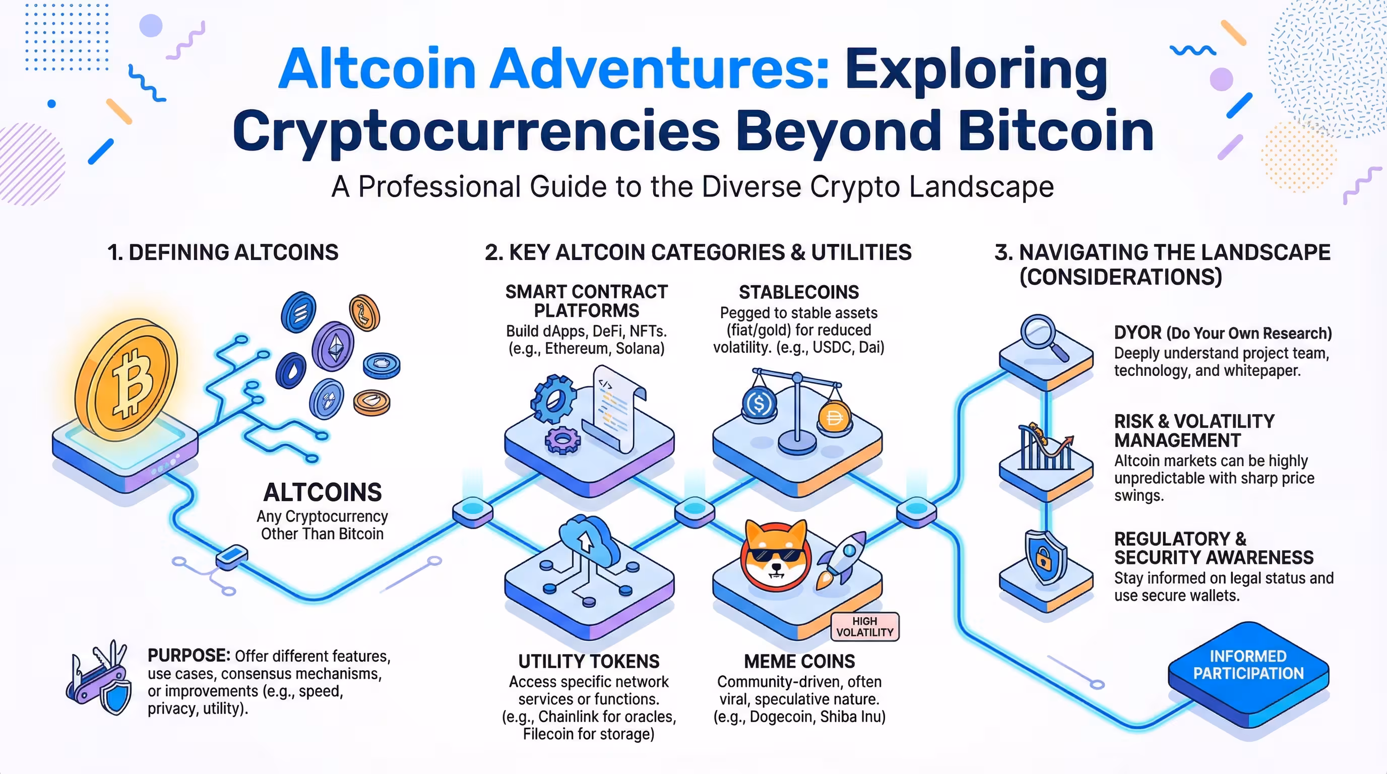 Infographic exploring the diverse world of altcoins, from Ethereum to meme coins