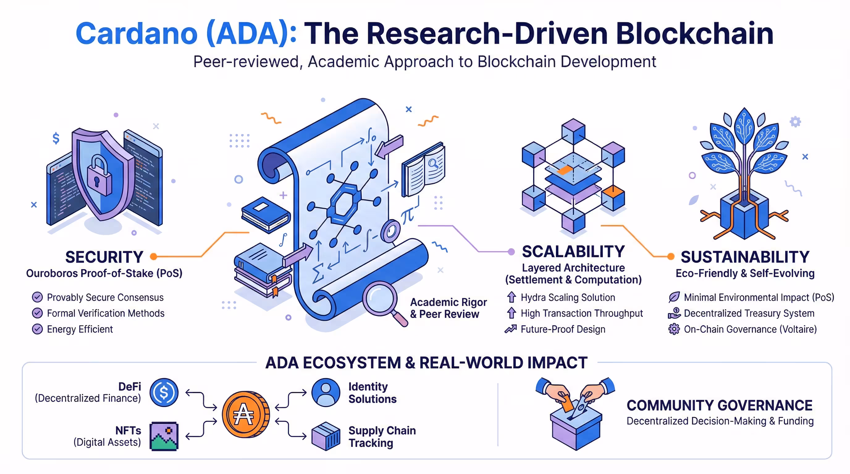 Infographic detailing the research-driven approach and architecture of the Cardano blockchain
