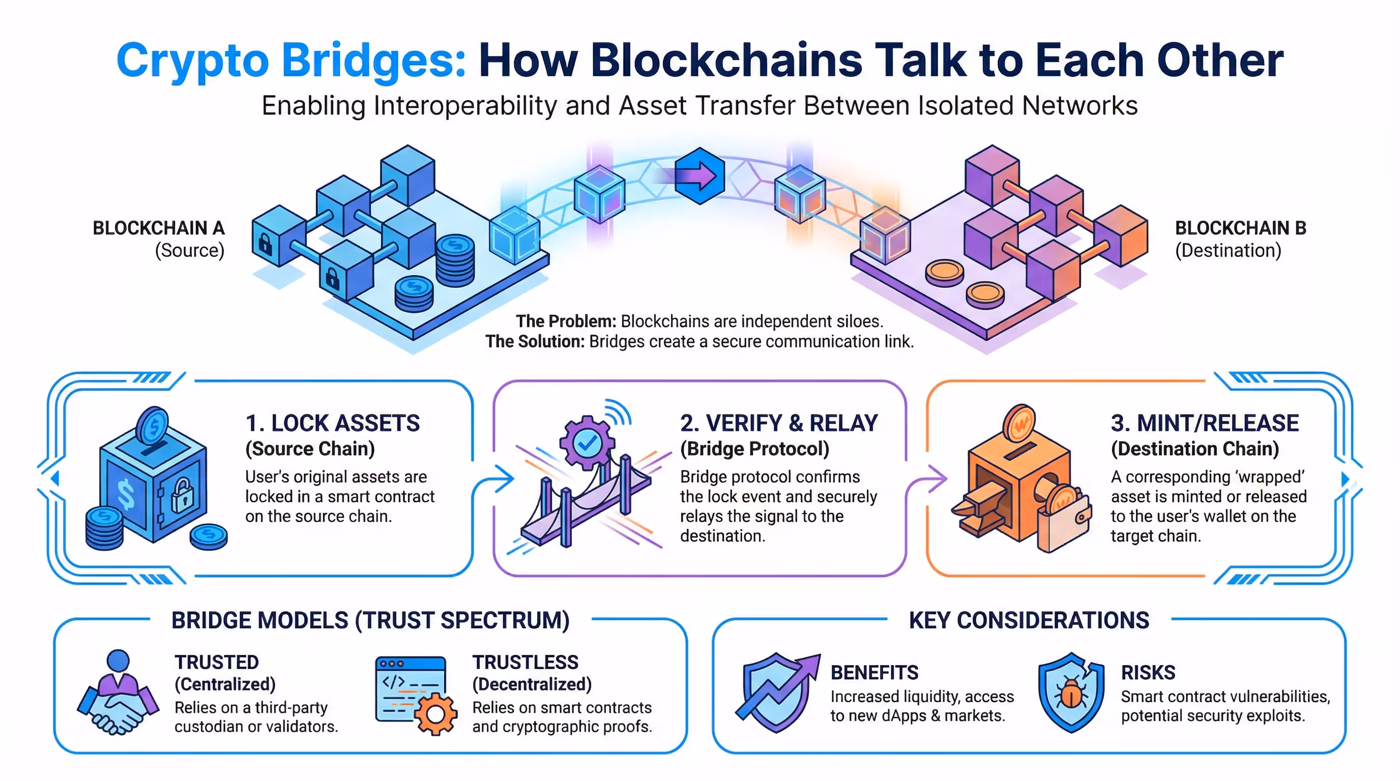 Infographic illustrating how crypto bridges enable interoperability between different blockchains