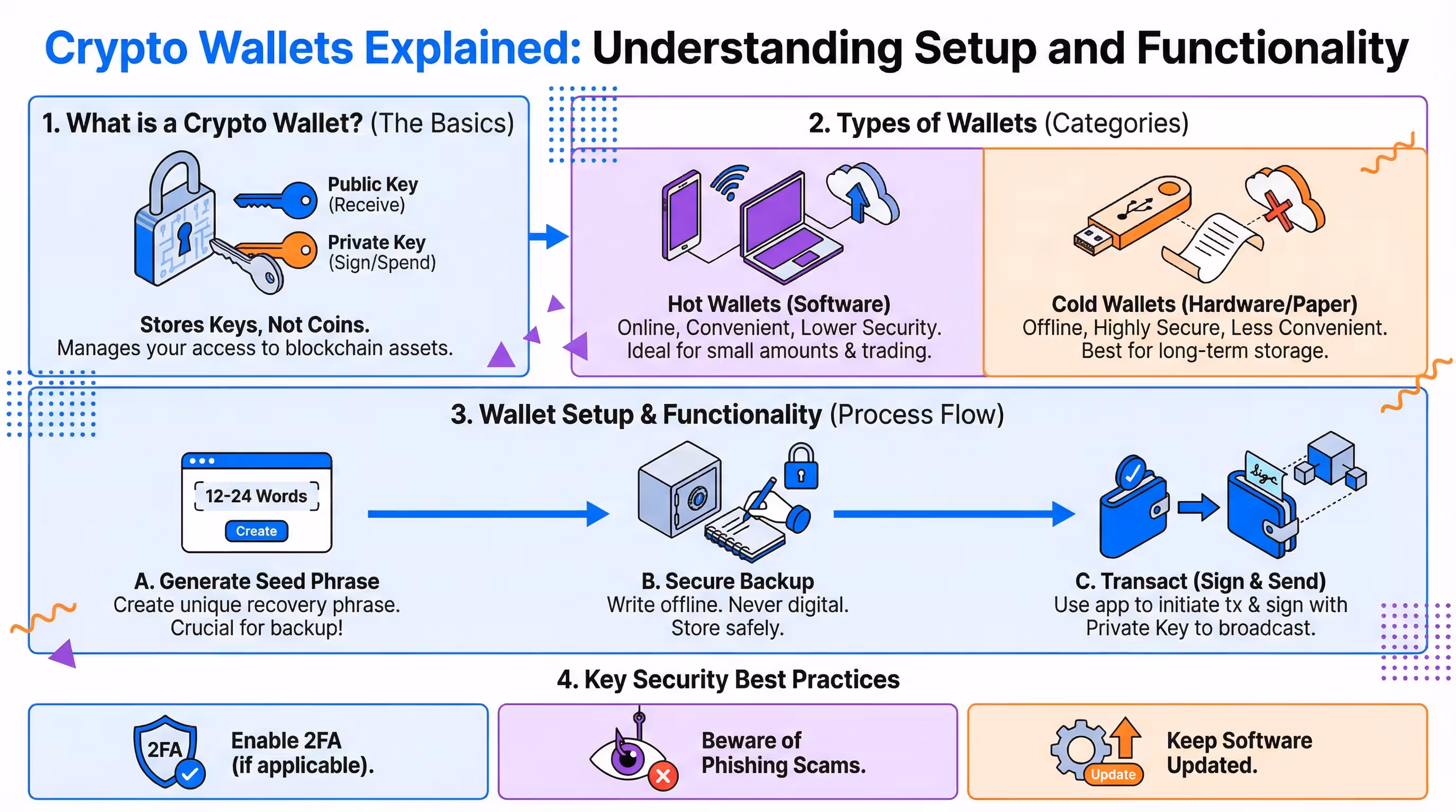 Infographic guide on how crypto wallets work and how to set them up securely