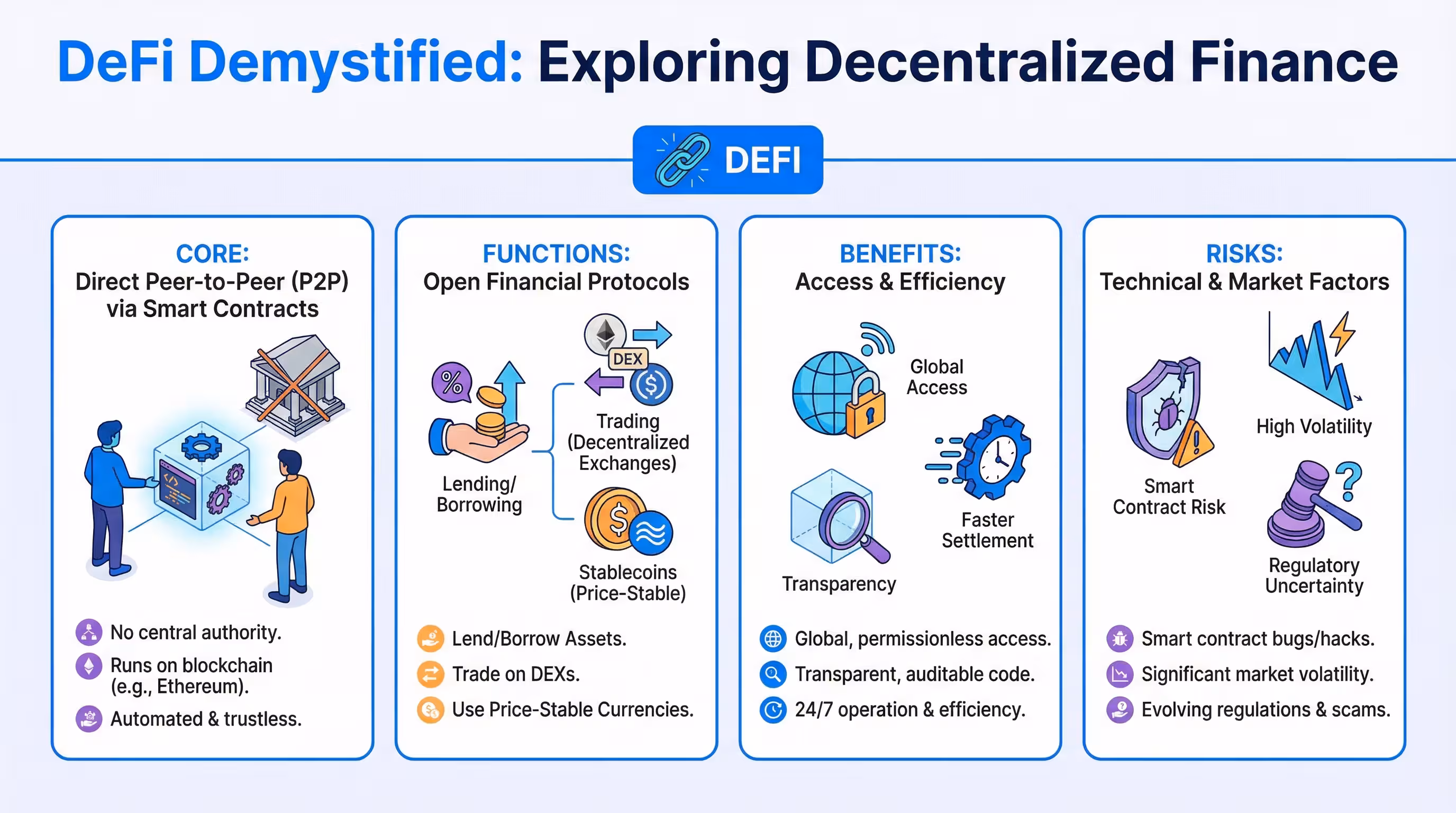 Infographic explaining the ecosystem of Decentralized Finance (DeFi) and its key components