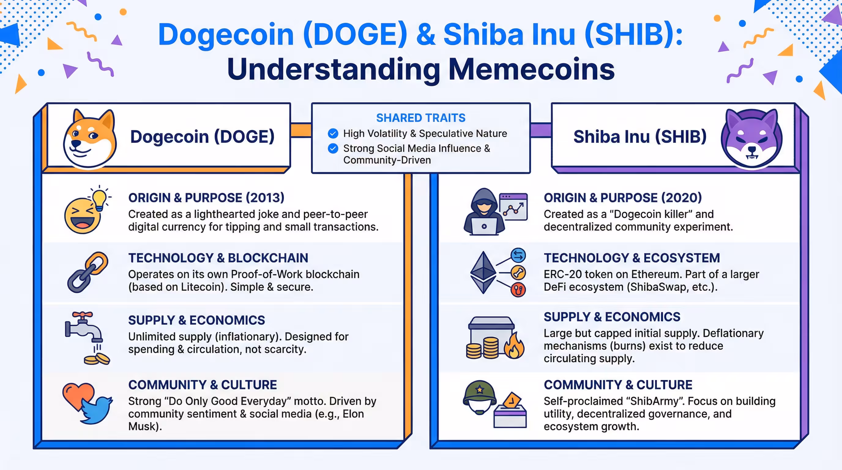 Infographic featuring popular memecoins like Dogecoin and Shiba Inu and their unique characteristics