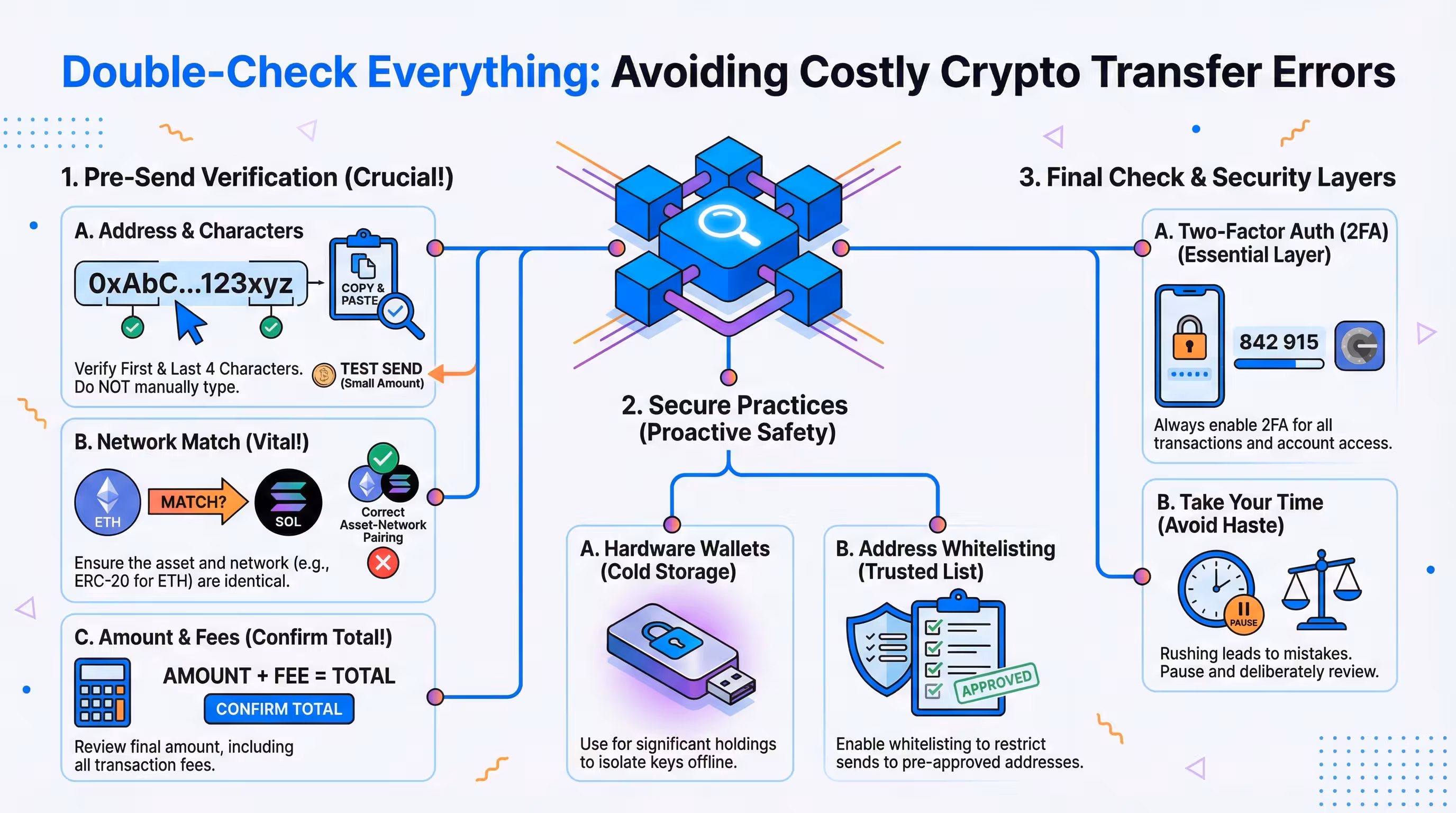 Infographic guide on avoiding crypto transfer errors and checking addresses