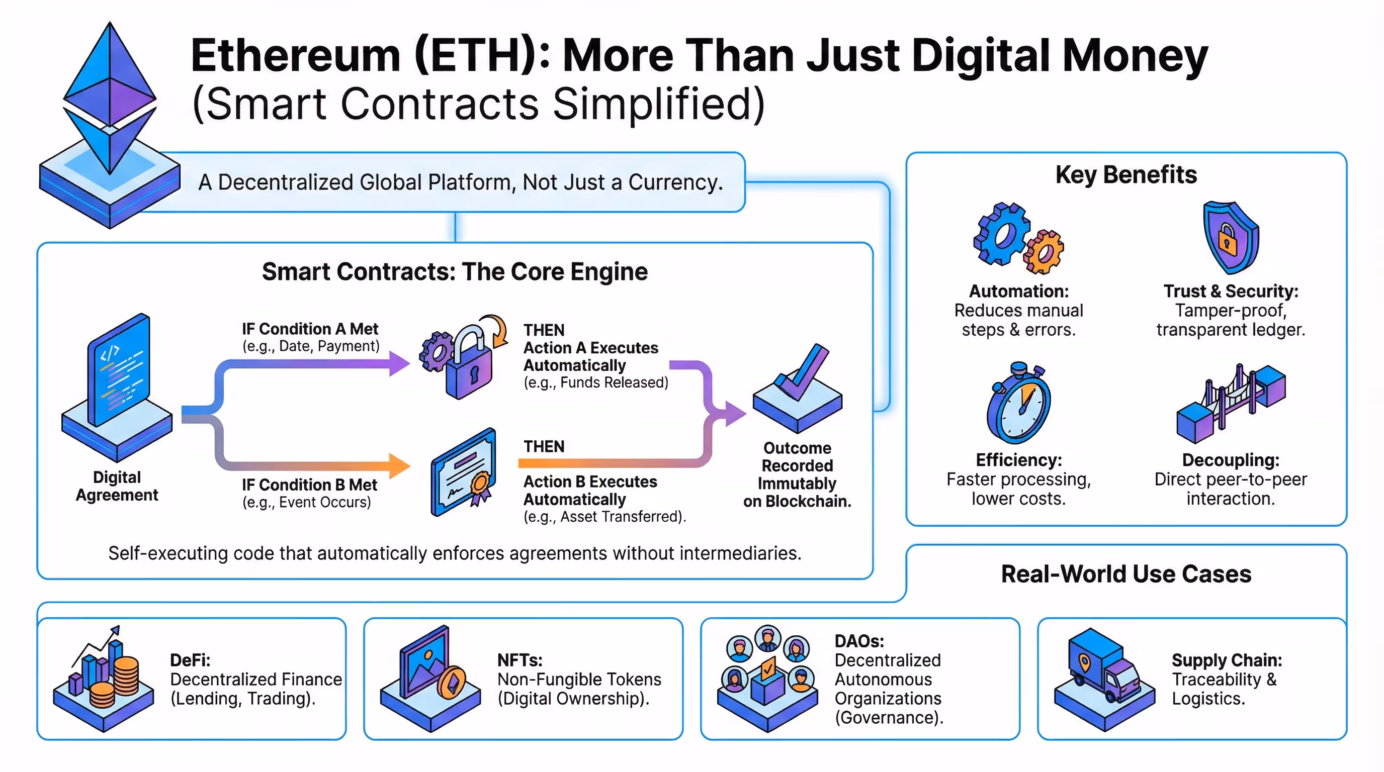 Infographic illustrating how Ethereum powers smart contracts and decentralized applications