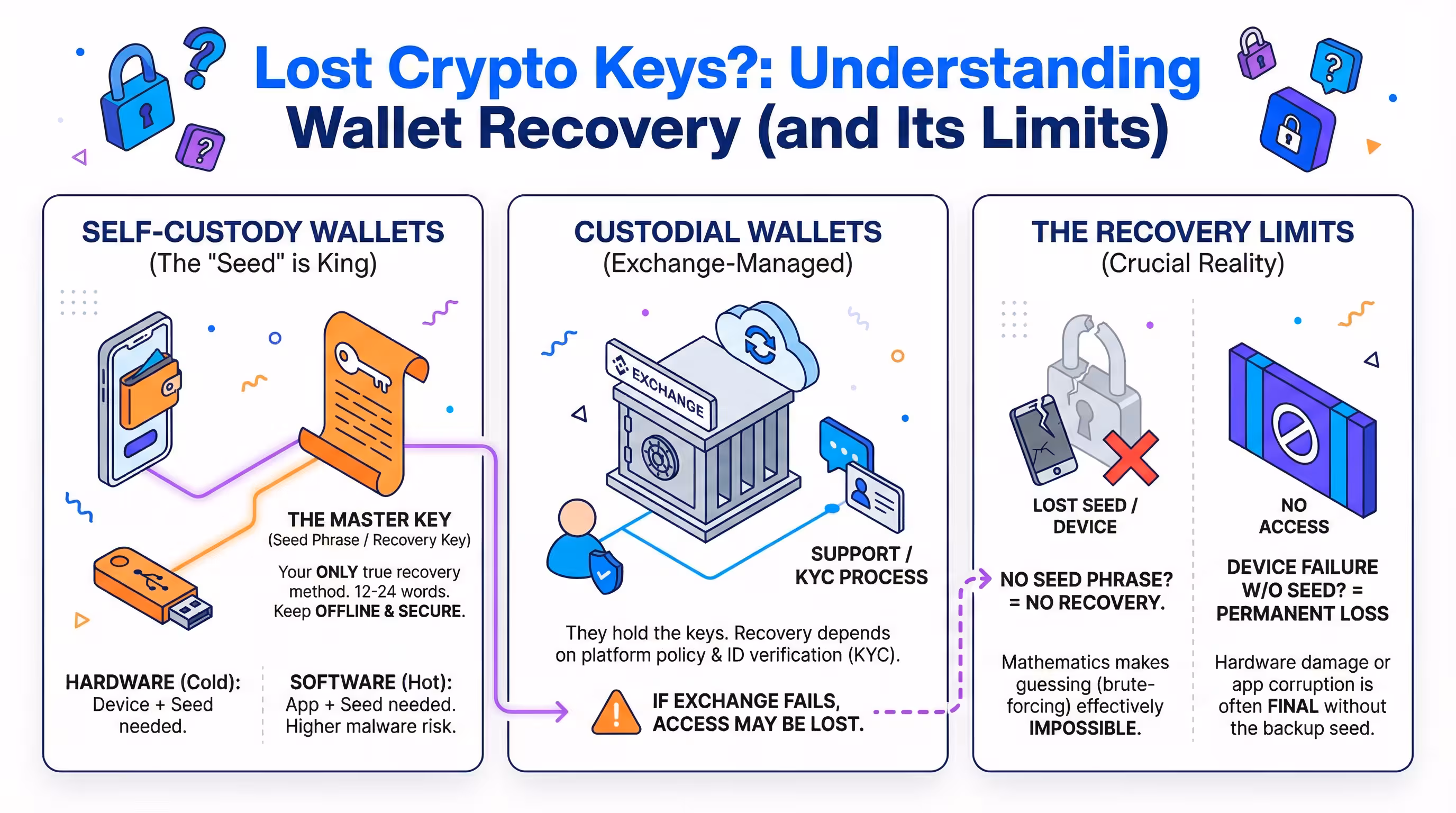Lost Keys? Understanding wallet recovery and the importance of seed phrases Infographic explaining crypto wallet recovery, keys, and seed phrases