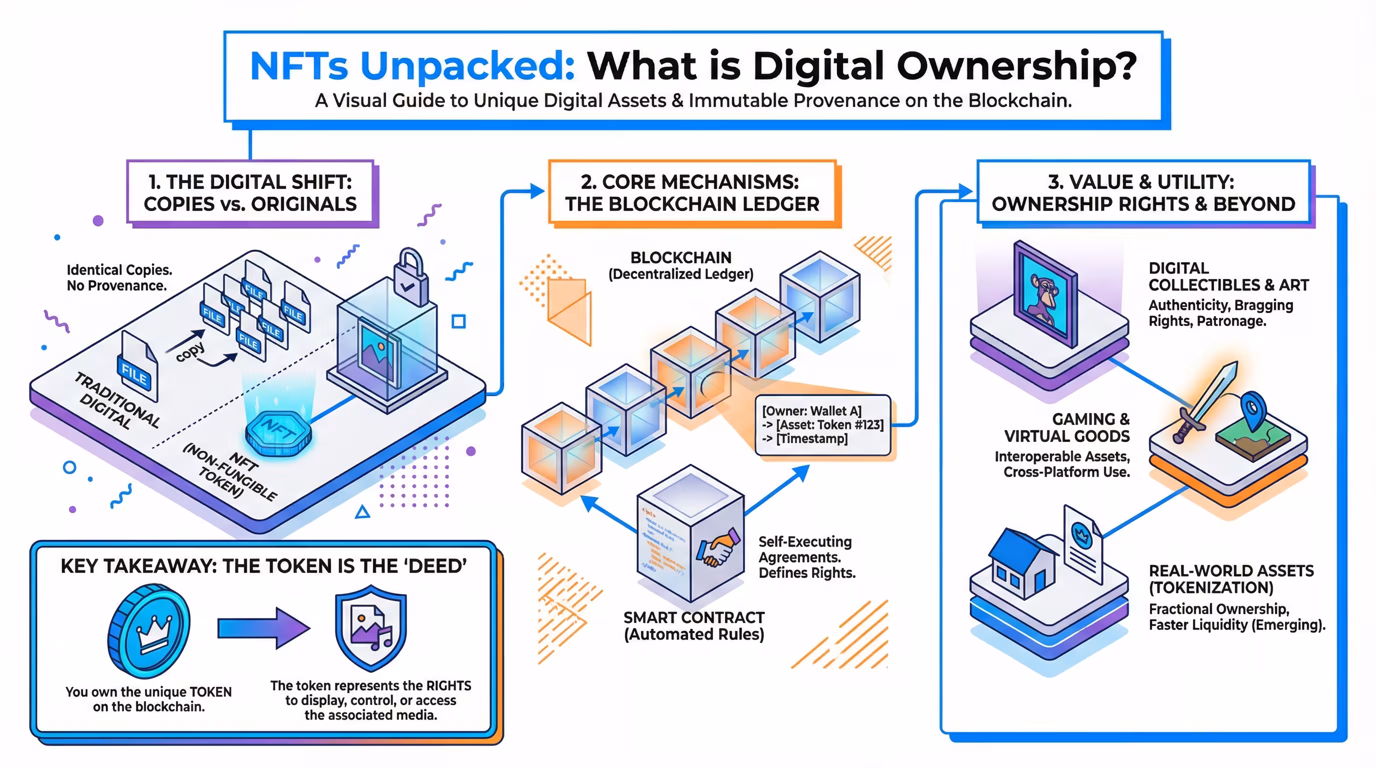 Infographic breaking down Non-Fungible Tokens (NFTs) and the concept of digital ownership