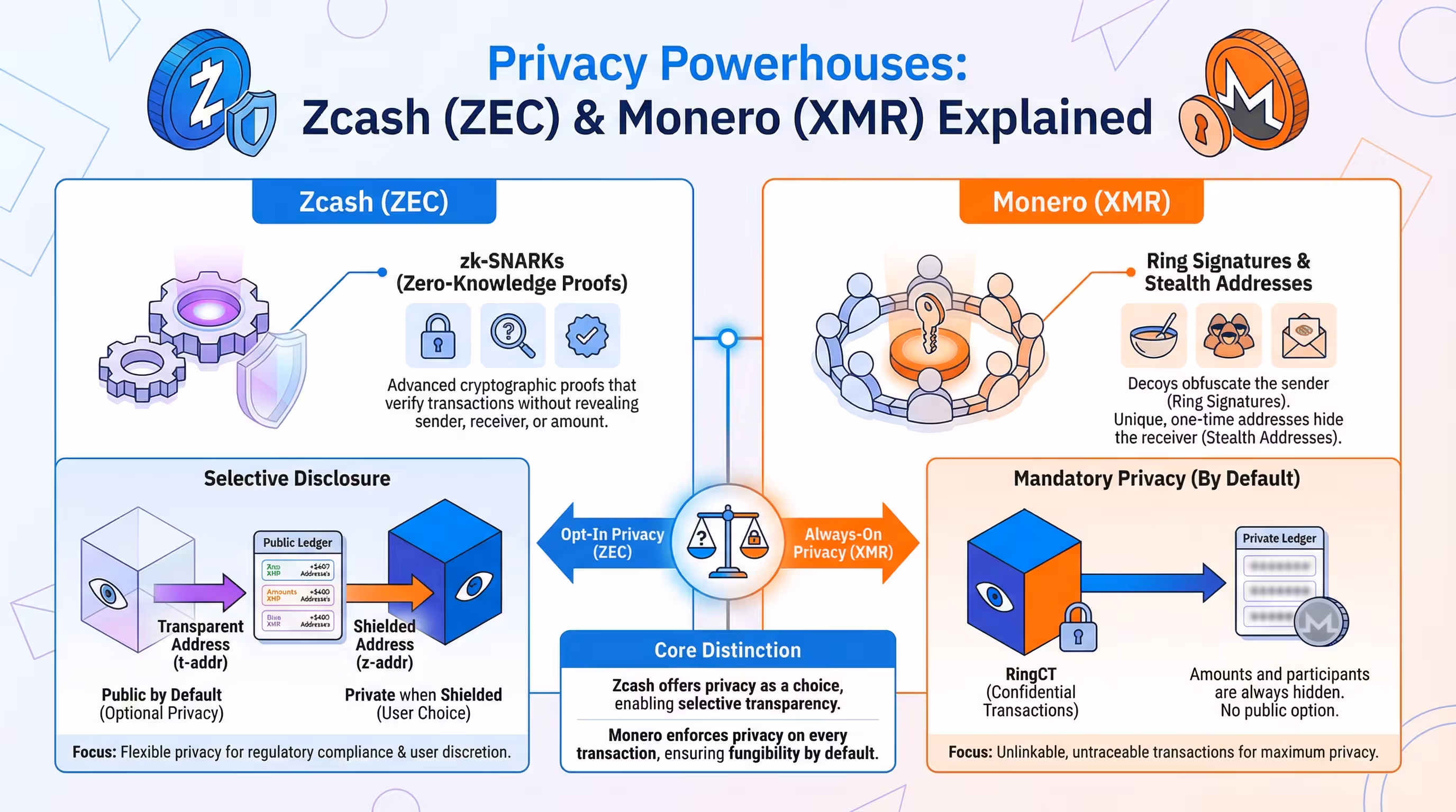 Comparison infographic of privacy-focused cryptocurrencies Zcash and Monero