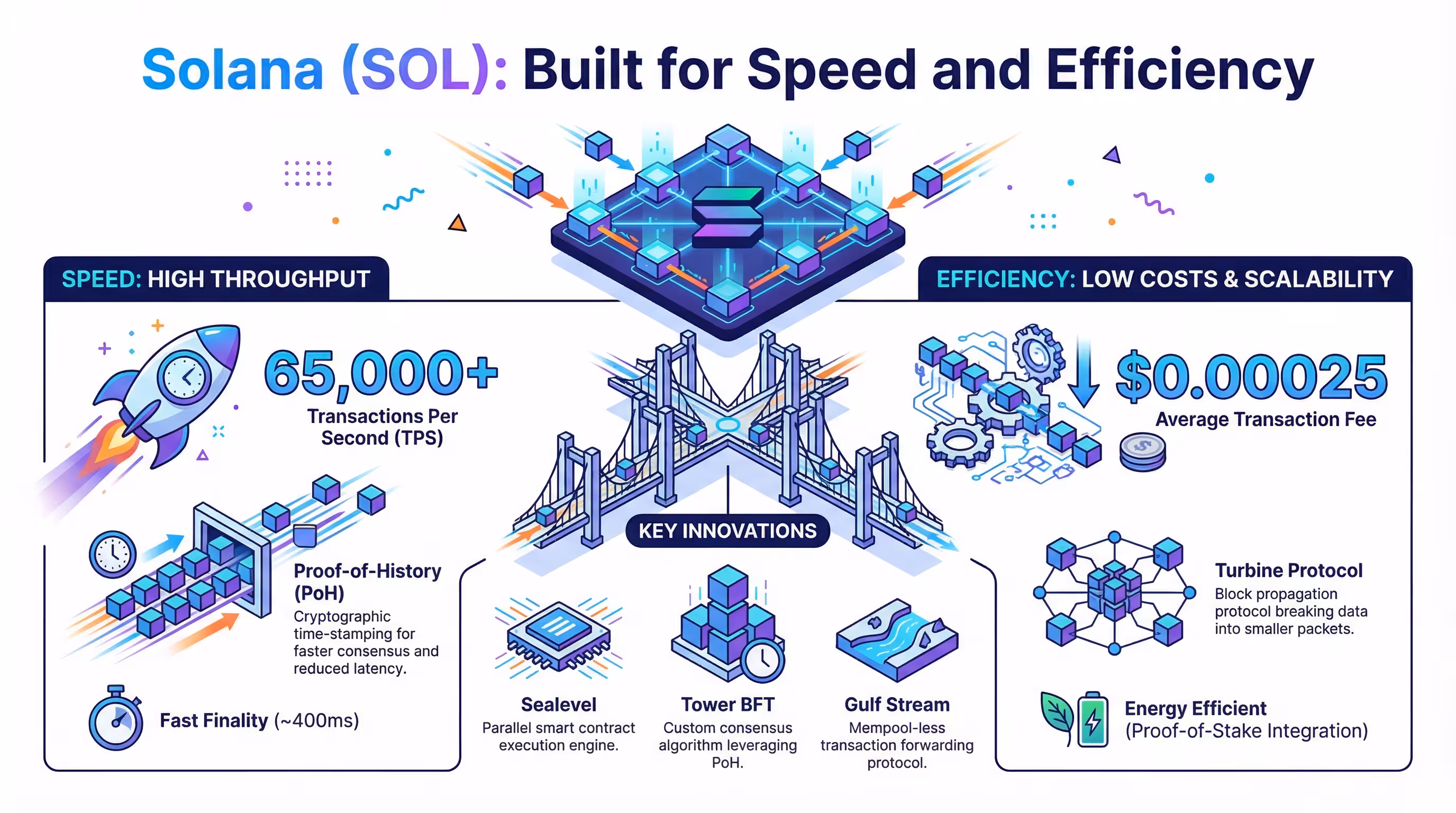 Infographic highlighting Solana’s high-speed and efficient blockchain architecture