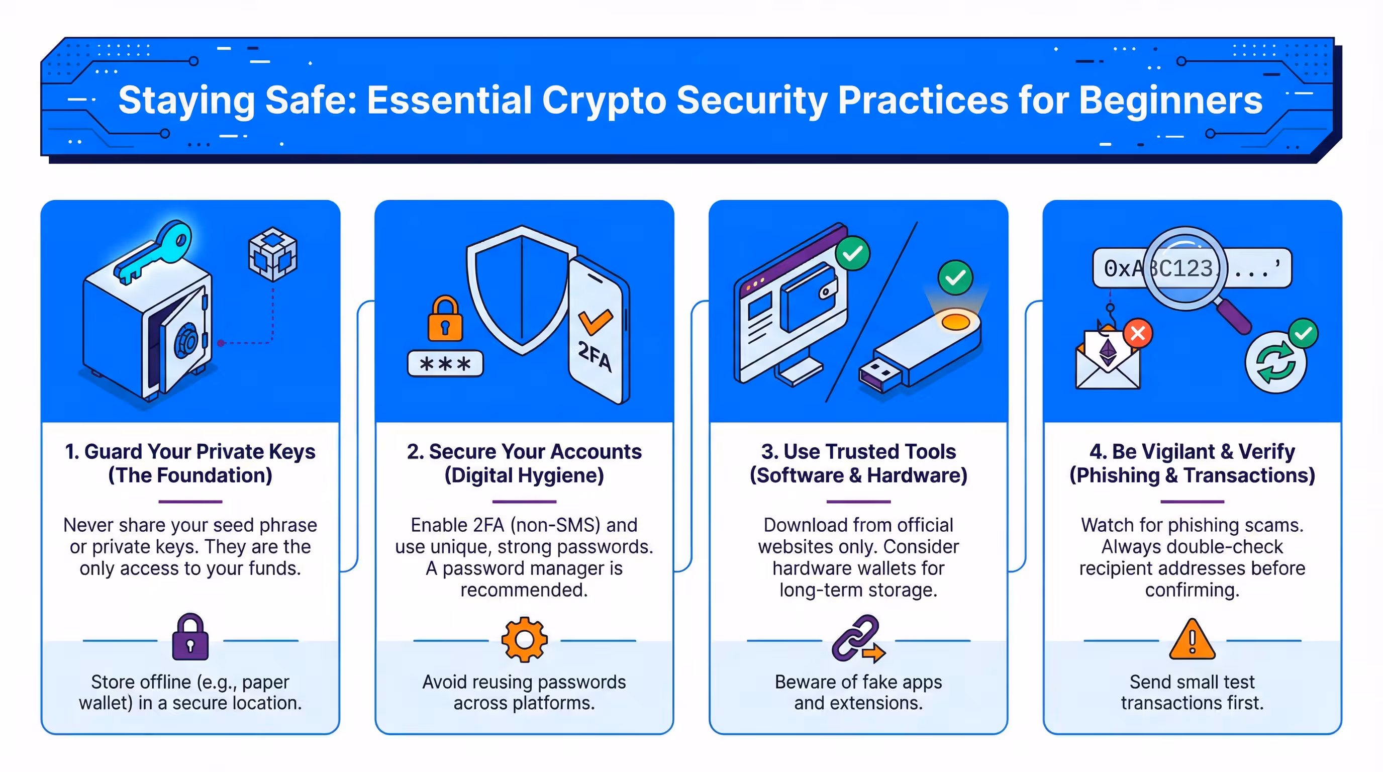 Crypto Security 101: Essential practices to keep your funds safe Infographic guide on essential crypto security practices including wallet security and avoiding scams