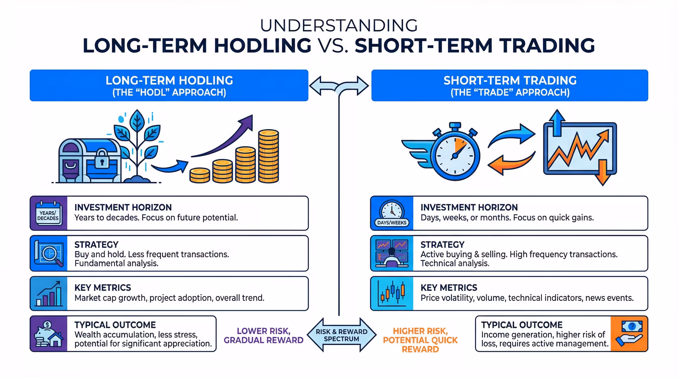 Infographic comparing long-term HODLing vs. short-term trading