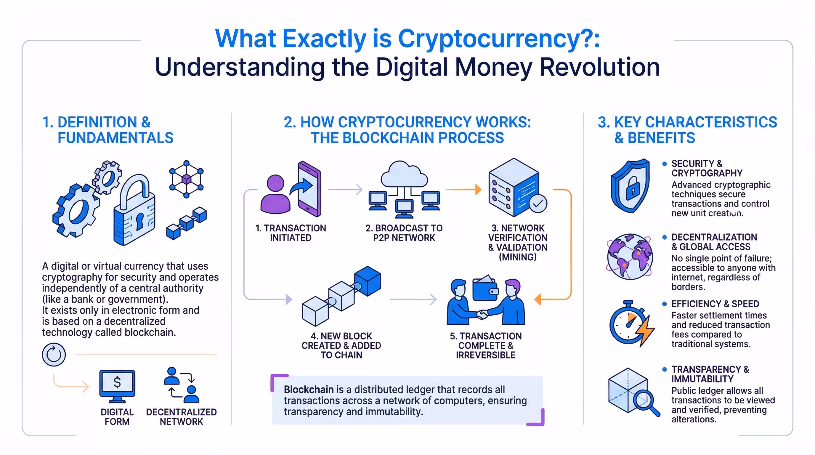What is Cryptocurrency? The digital money revolution explained Infographic defining cryptocurrency and explaining its core concepts like digital money and decentralization
